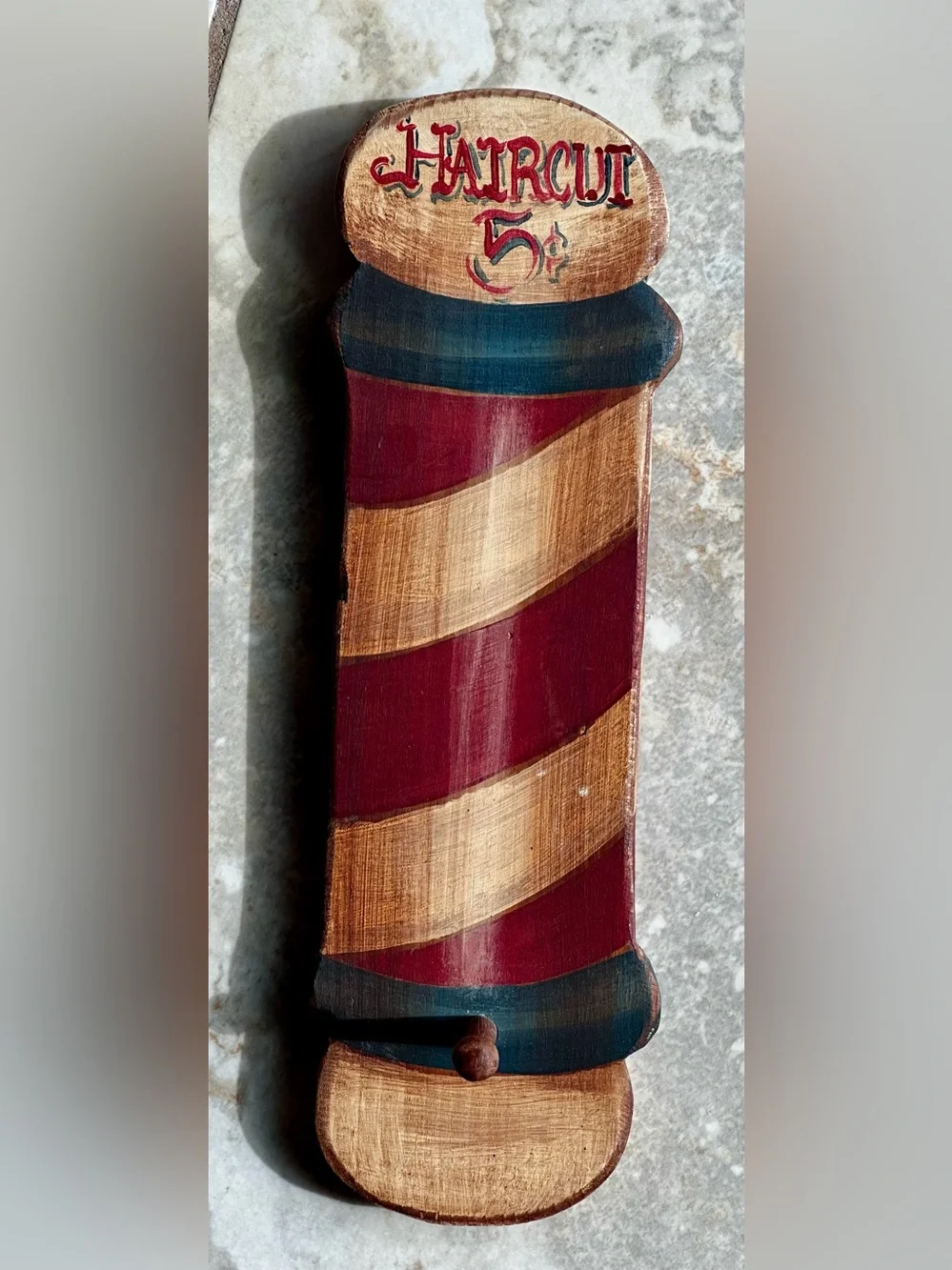 Folk Art wood painted Barbershop Pole Sign w/hook to hang items. Signed 1988